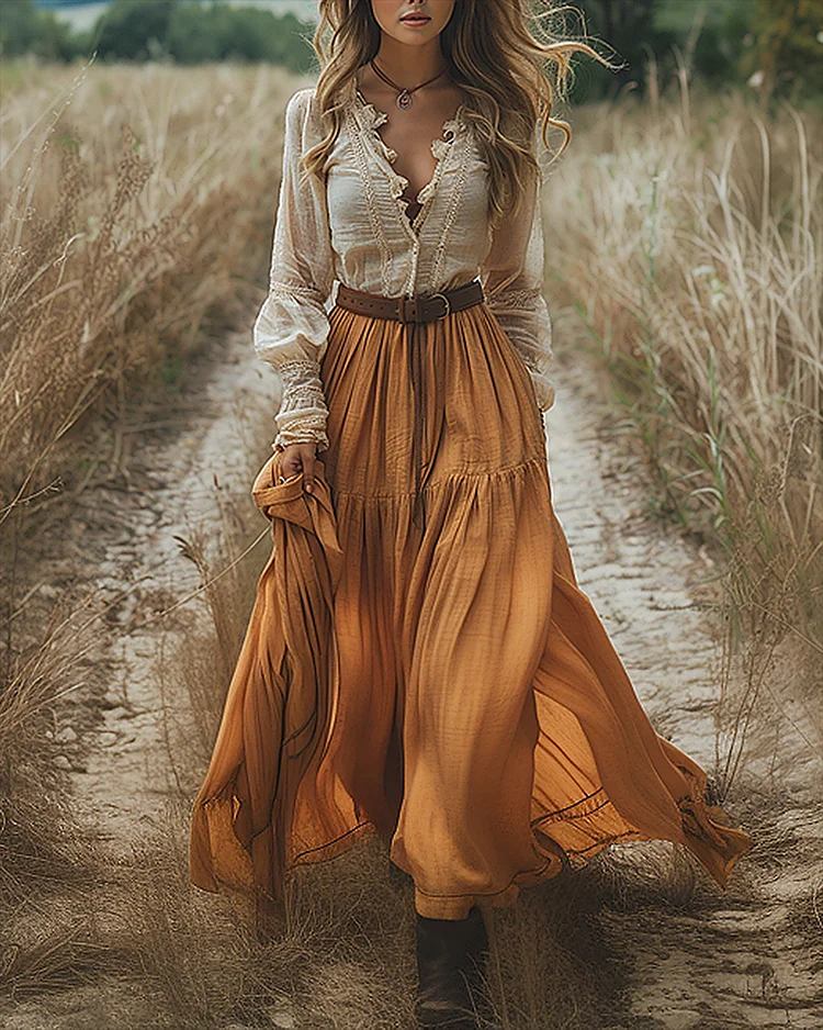 Women's V-neck long-sleeved cotton and linen Dress