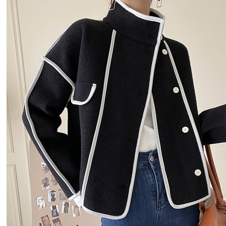 Elegant Loose Stand Collar Topstitched Patchwork Long Sleeve Coat