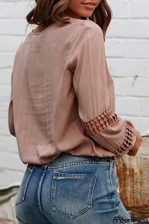 Hollow V Neck Puff Sleeve Blouse