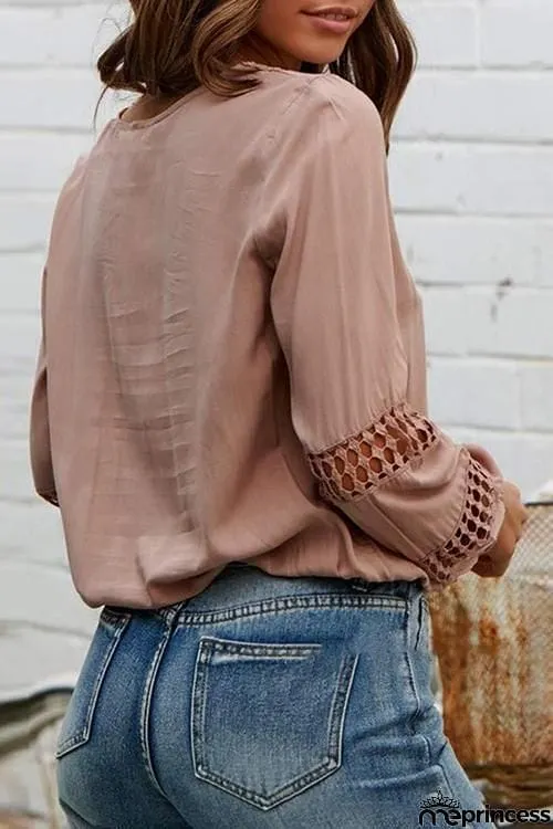 Hollow V Neck Puff Sleeve Blouse