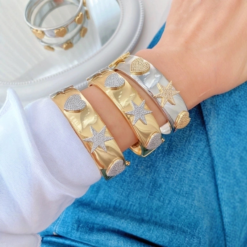 Vintage Style Classic Style Star Moon Heart Shape Copper Zircon Mixed Metal Plating Bangle