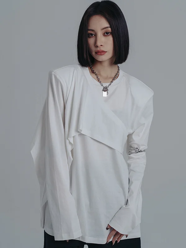 Stylish Irregular White Long Sleeves Round-Neck T-Shirt Top