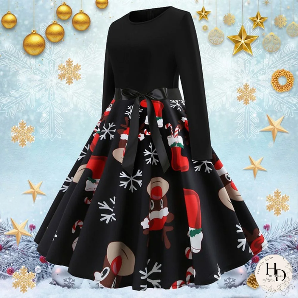 8 Colors Halloween Pumpkin Ghost Skull 3d Print Dresses Santa Claus Christmas Tree Printed Flared Swing Dresses Long Sleeve Ruched Gown Dress Xmas Festival Vestido de Mujer