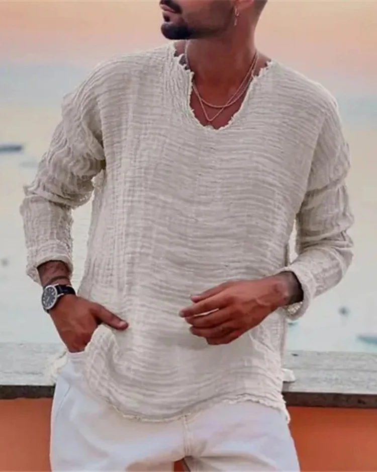 Men's Linen Round Neck Plain Long Sleeve Shirt