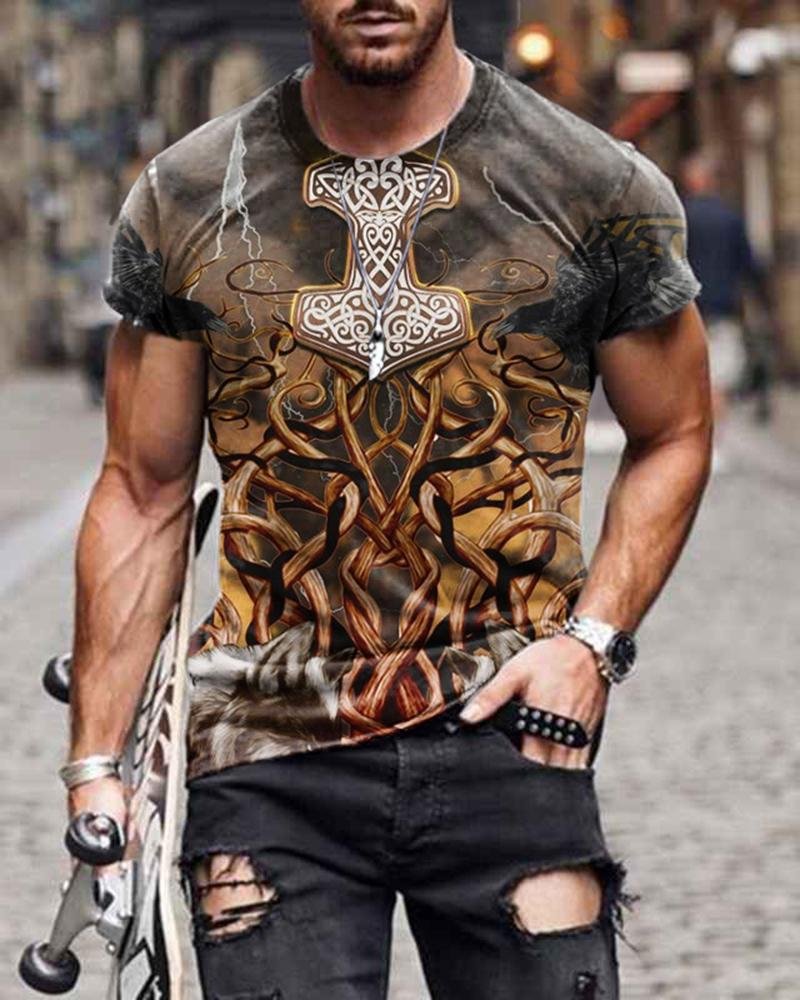 Slim-fit Short-sleeved Retro Twig Graphic Casual T-shirt