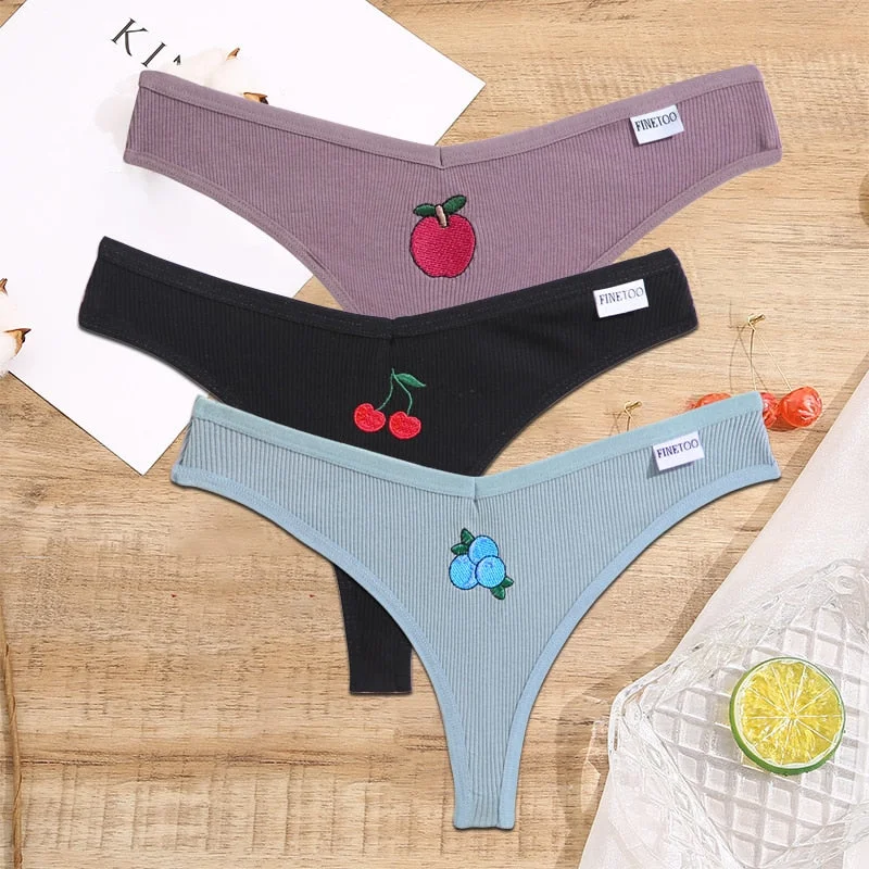 FINETOO 2/3PCS Women Lingerie Fruit Embroidery Panties G-string Sexy Low Rise Cotton Thongs Girl Underwear V-Waist Female Pantys