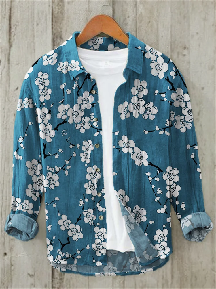 Plum Blossom Japanese Lino Pattern Linen Blend Shirt