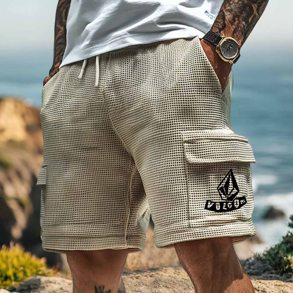 Men's Vintage Waffle Knit Casual Elastic Drawstring Walkshort Khaki Surf Cargo Shorts