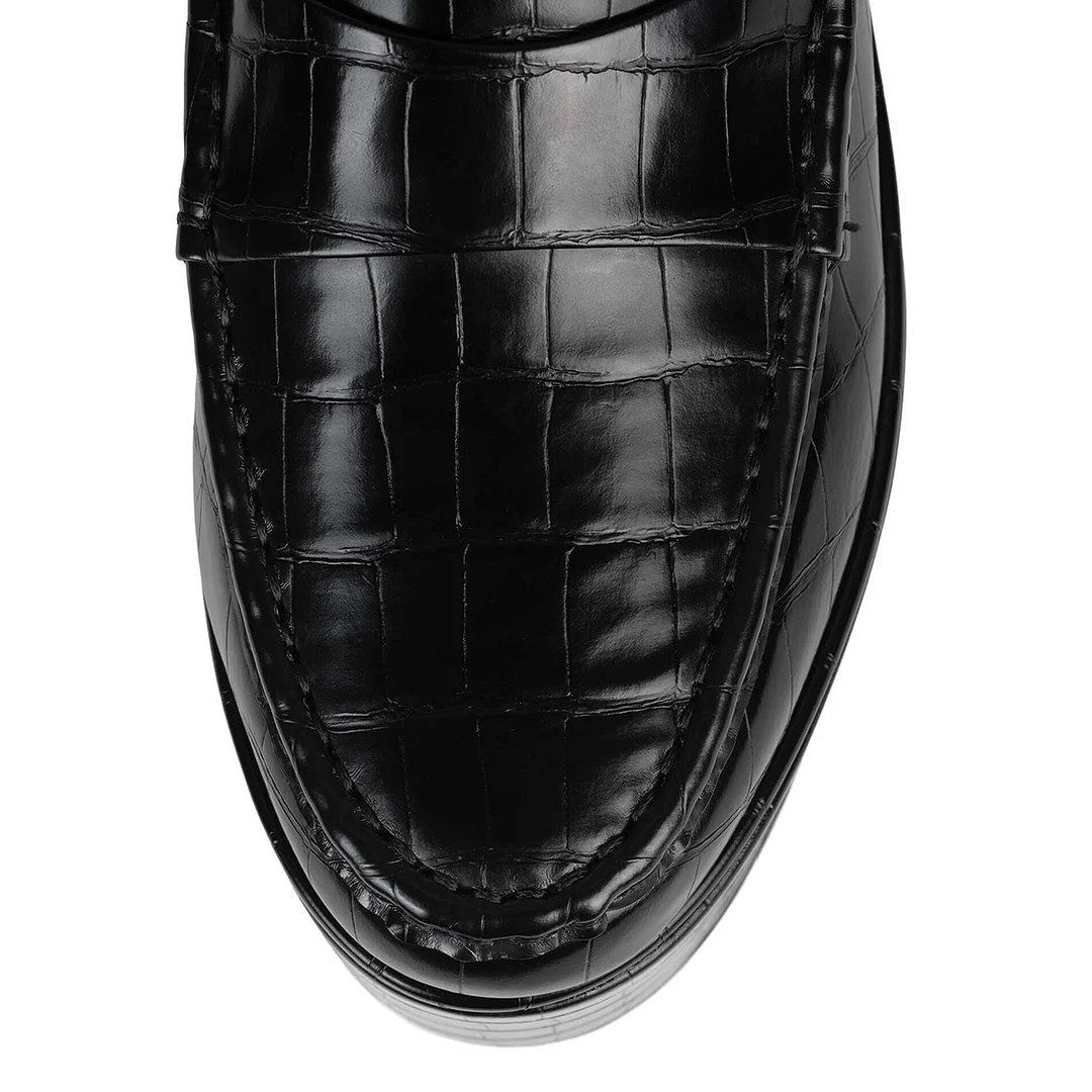 Classy Black Croc Embossed Almond Toe Platform Loafers with Wedge Heel