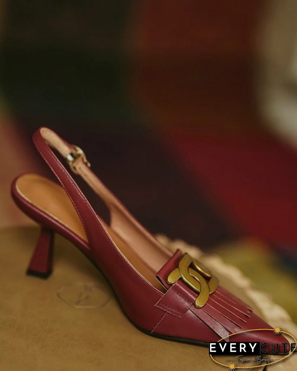 Pointed-toe Solid Color Splicing Tassel Buckles PU Leather High Heels