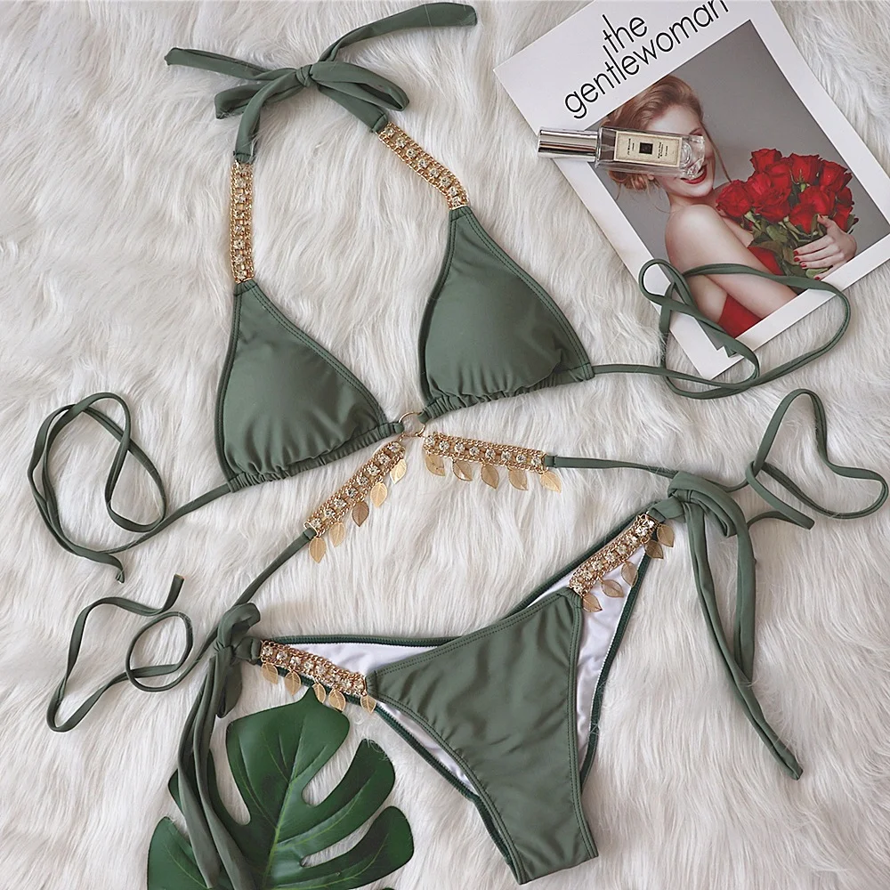 Brownm Brownm Bikini Swimsuit Female Ins Web Celebrity Wind Vacation Sexy Chain Tie Belt Gathered Split Body Swimsuit