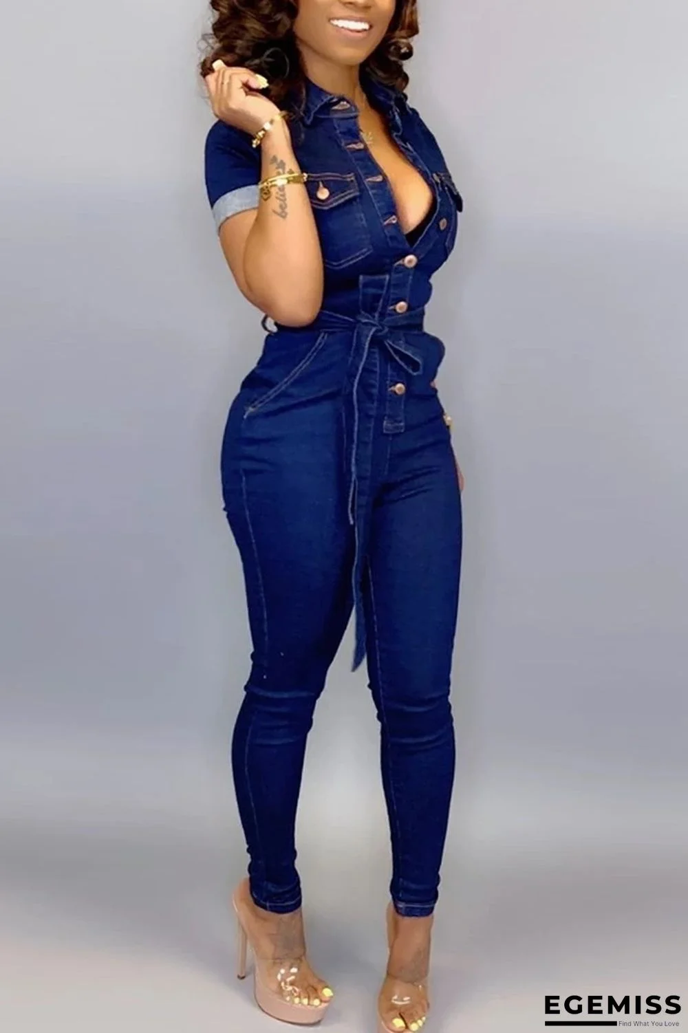 Dark Blue Casual Fashion Button Short Sleeve Turndown Collar Jumpsuits | EGEMISS