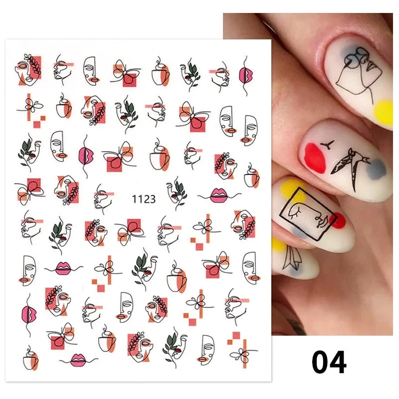 1PC 3D Nail Stickers Women Face Sketch Abstract Butterfly Image Nail Art Decoration Slider Manicure Stickers For Nails