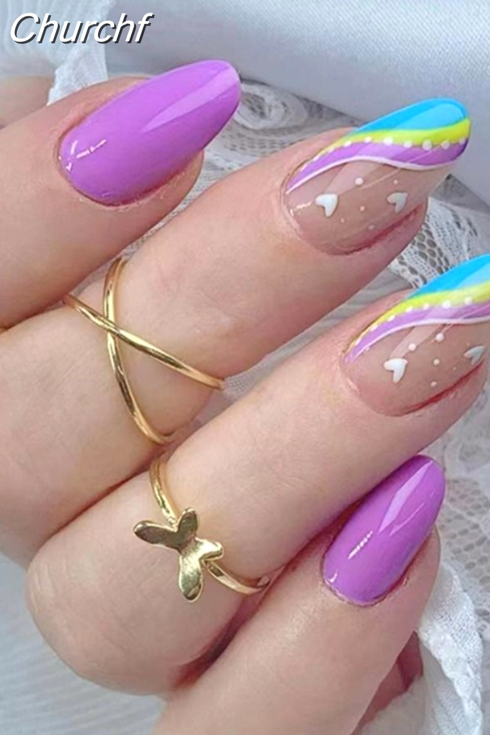 Churchf Detachable Almond False Nails Short Wearable French Stiletto Fake Nails Full Cover Nail 3578