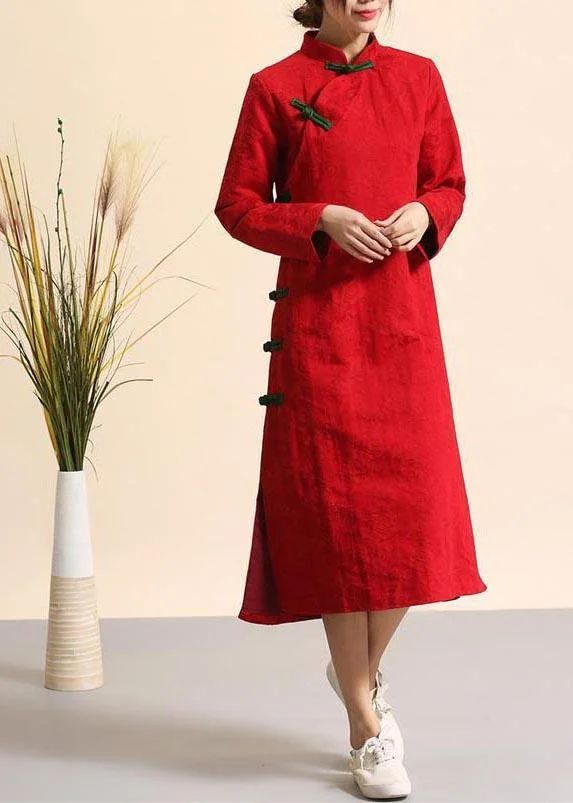 Loose Stand Collar Chinese Button Spring Dresses Tunic Red Maxi Dress