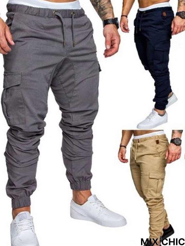 Men Casual Joggers Solid Color Pants Cotton Elastic Long Trousers