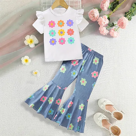 【3Y-10Y】Girls' Multicolor Flower Crew Neck Short Sleeve Top + Flared Pants Set