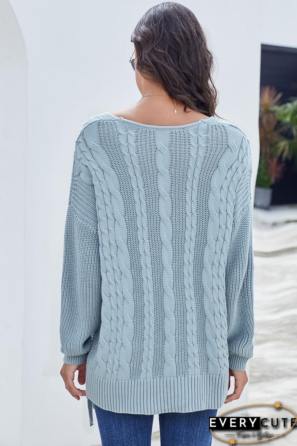 Sky Blue Love Letters Cable Knit Lace Up Sweater