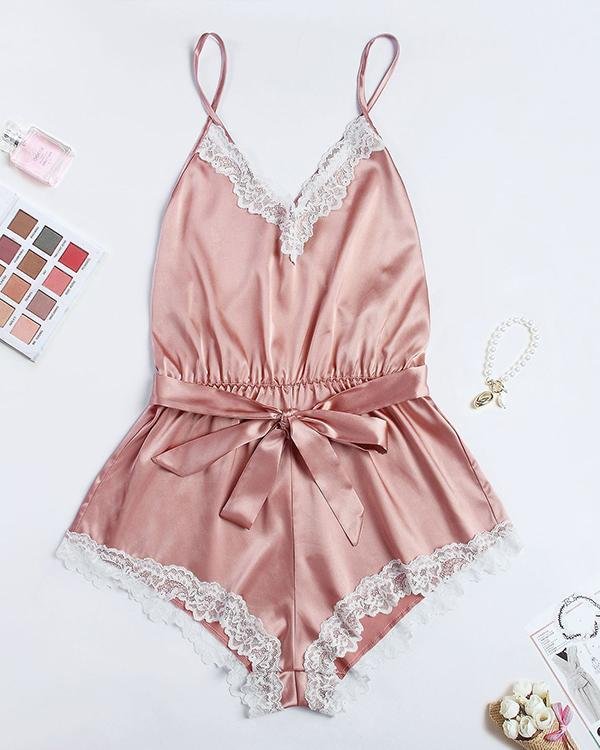 Satin Contrast Lace Backless Belted Night Romper - Chicaggo