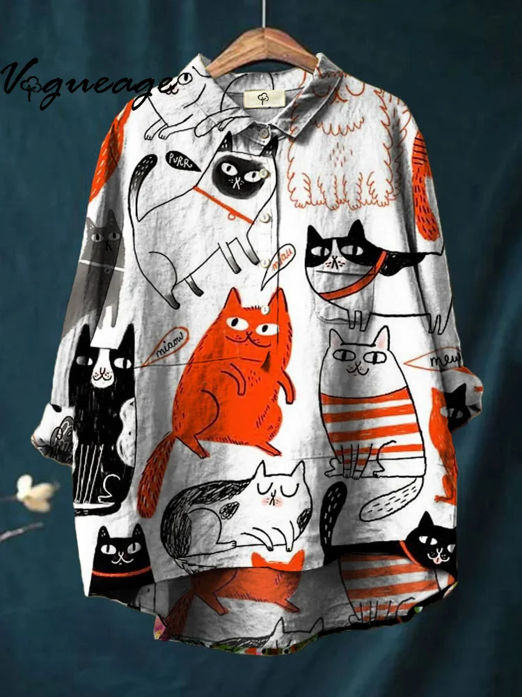 Cute Cartoon Cat Print Cotton And Linen Shirt