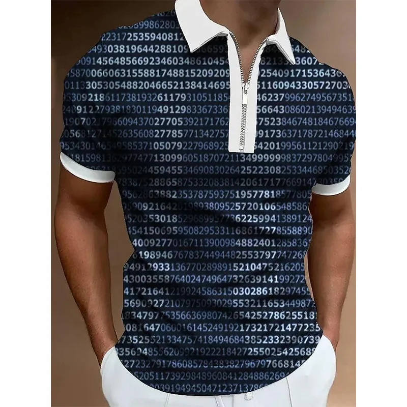π Pattern Blue Zipper Short Sleeve Men's Polo Shirts-VESSFUL
