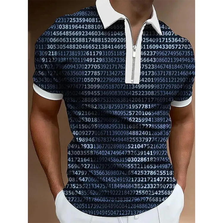 π Pattern Blue Zipper Short Sleeve Men's Polo Shirts at Hiphopee