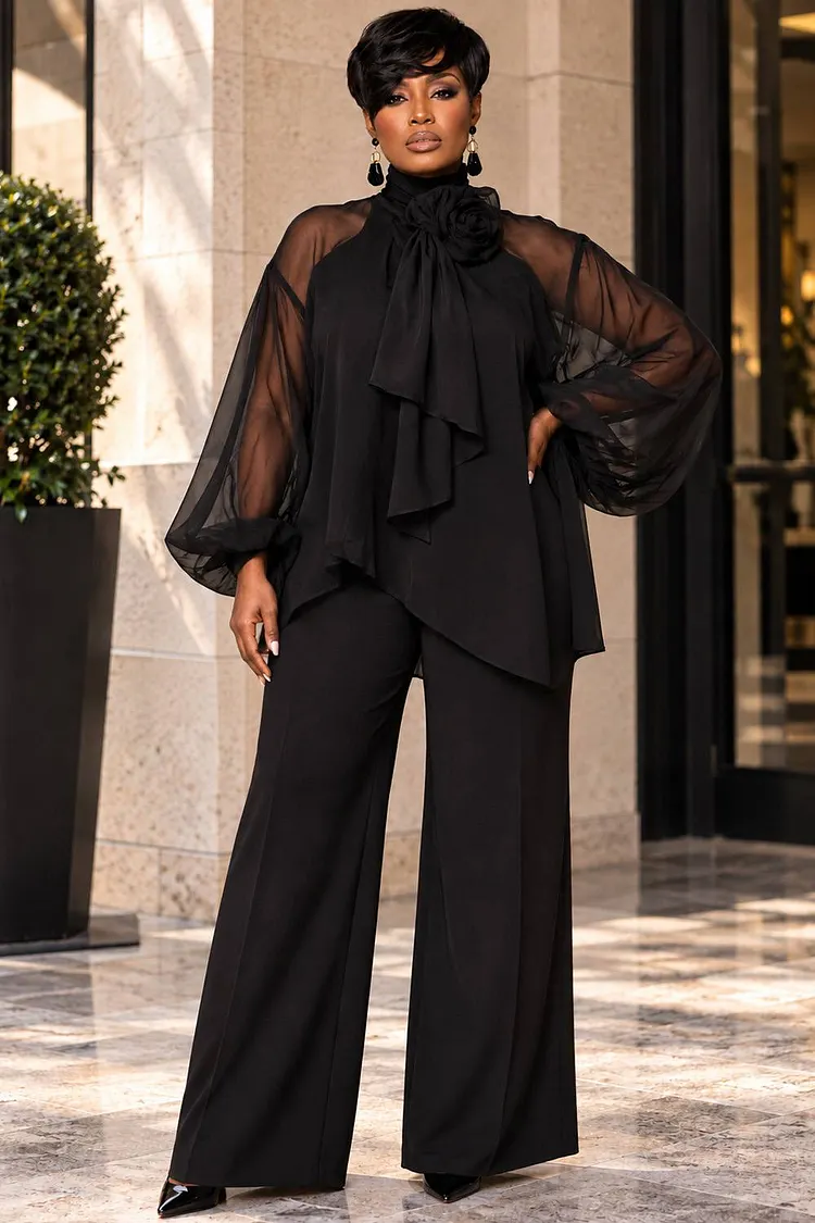 Xpluswear Design Plus Size Business Casual Black Stand-Up Collar Puff Sleeve Long Sleeve Bow Tie Asymmetric Hem Irregular Hem Two Piece Pant Sets [Pre-Order] 2024 - Xpluswear