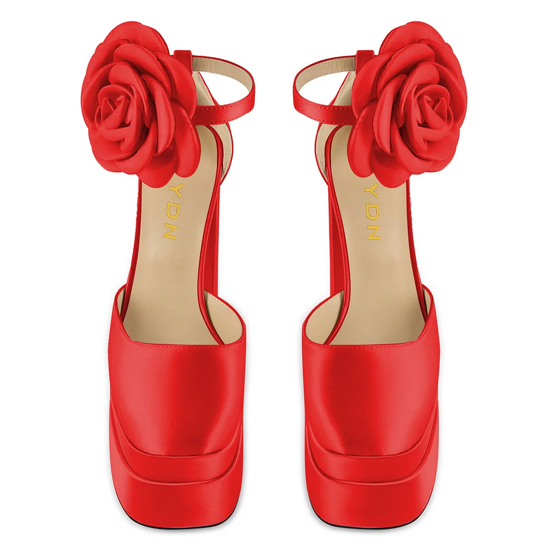 Red Satin Square Toe Platform Flower Decor Ankle Strap 6-Inch Heels