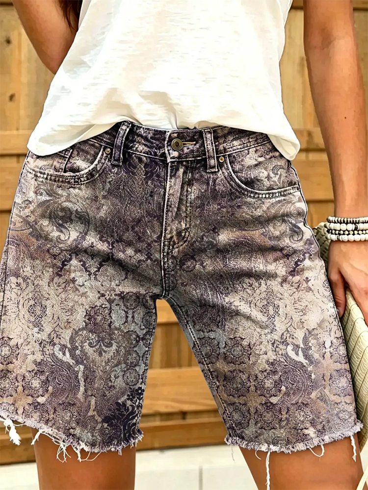 Women's Vintage Floral Print Denim Shorts