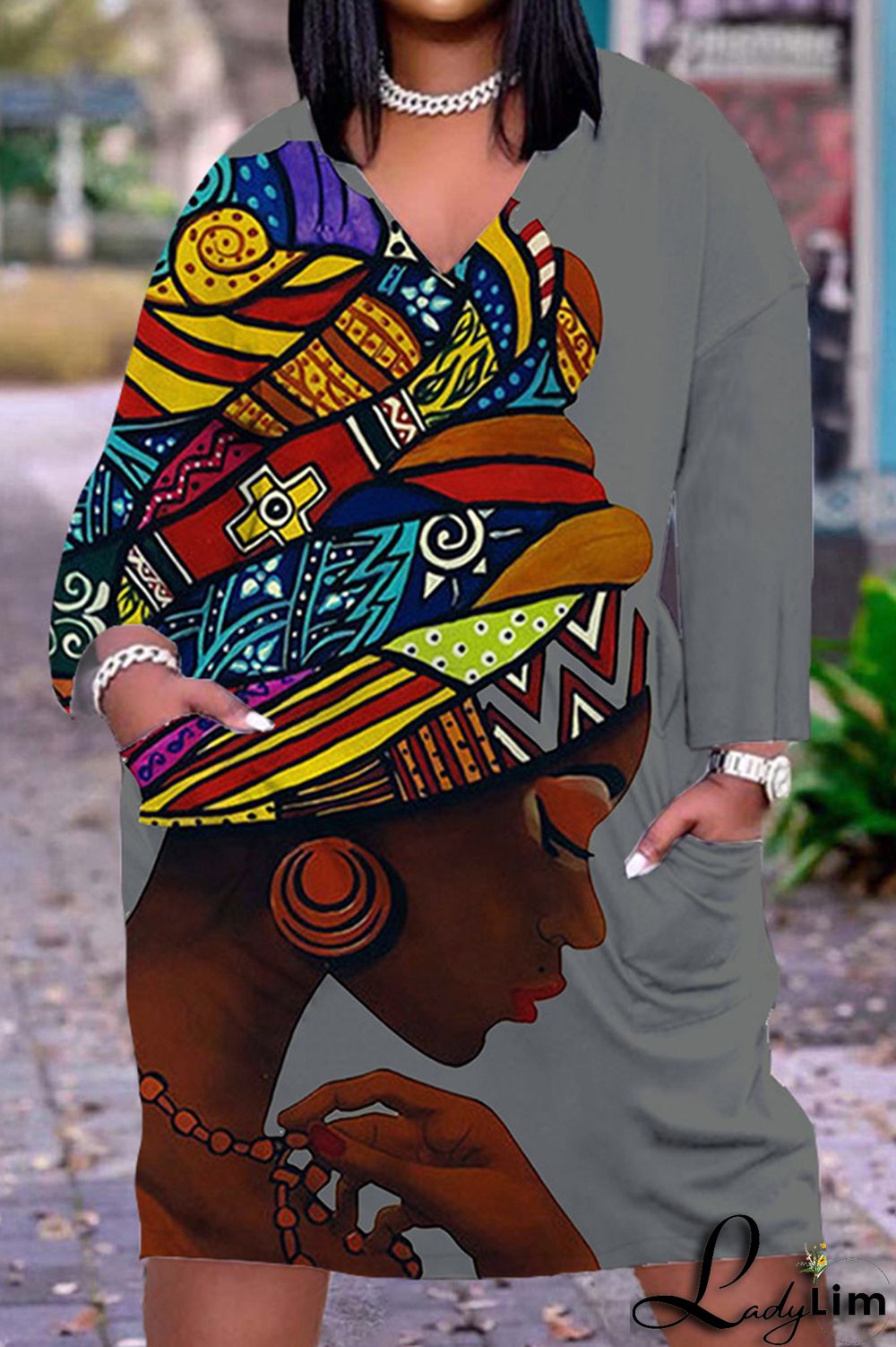 Black Yellow Fashion Casual Print Patchwork V Neck Long Sleeve Dresses