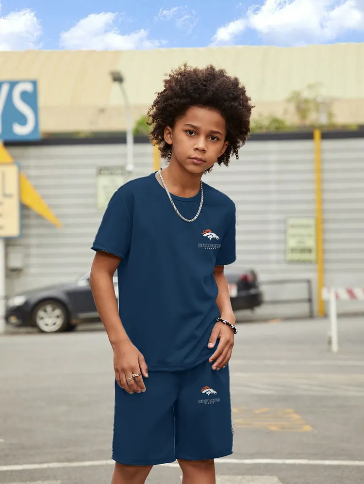 Denver Broncos New Design Kids（5-14Y)' Casual Crew Neck T-shirt And Drawstring Shorts  2pcs/Set