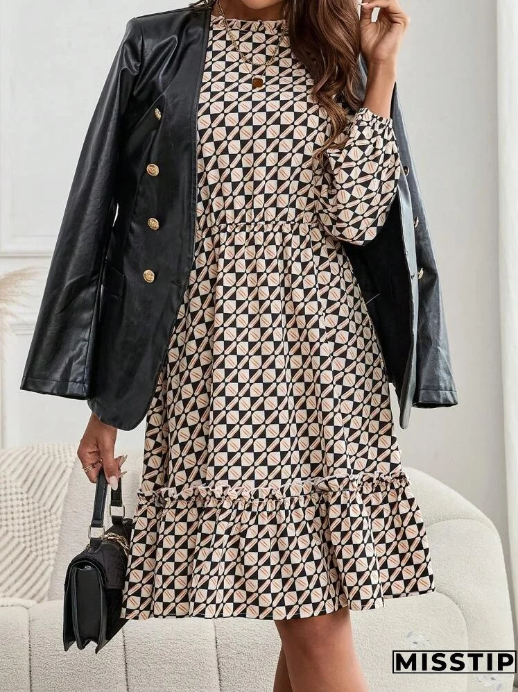 Women's Floral Print Long Sleeve Ruffle Trim Short Casual Dress