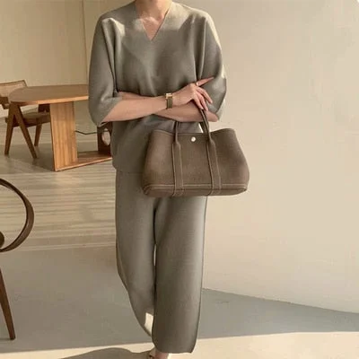 Autumn Korean Fashion Casual Knitted Two Piece Set Women Loose Pullover Sweater Tops + Wide Leg Pants Suits Knitwear 2 Piece Set