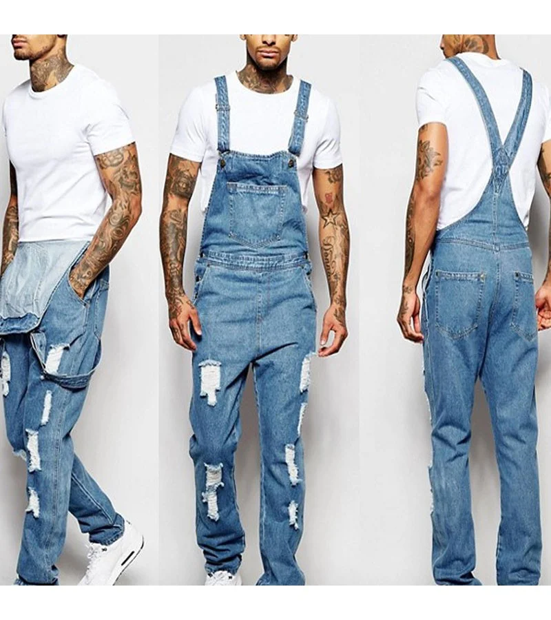 Men Fashion Ripped Hole Pocket Patchwork Denim Jumpsuits S-3XL