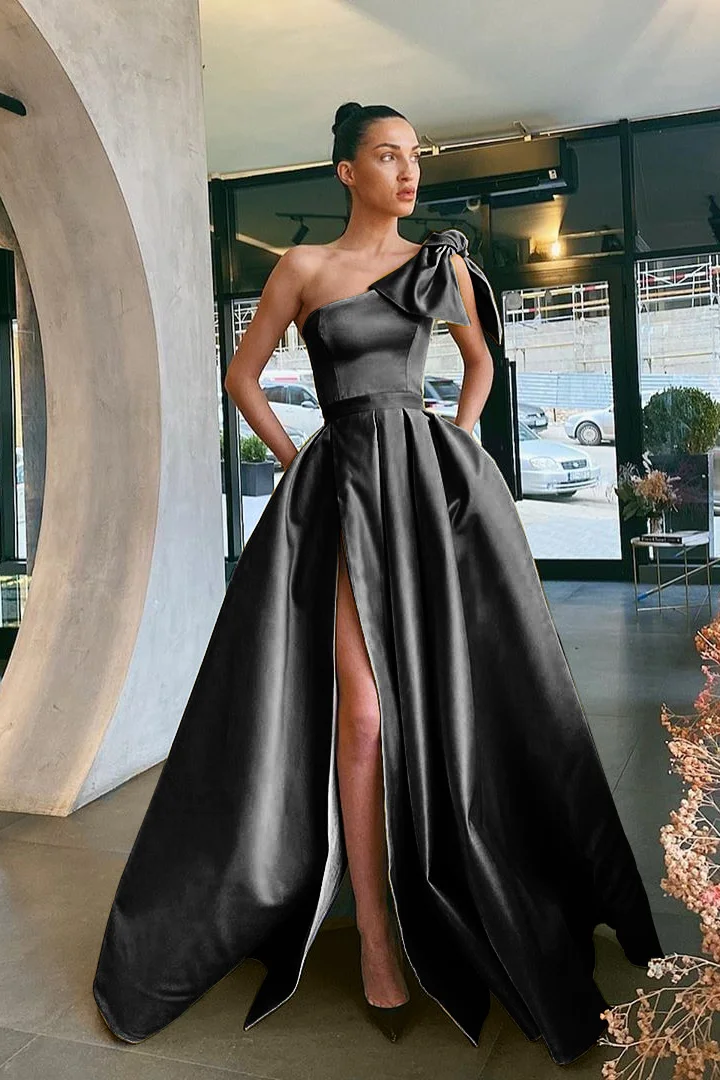 Daisda Gold Split One-Shoulder Prom Dress With Pockets