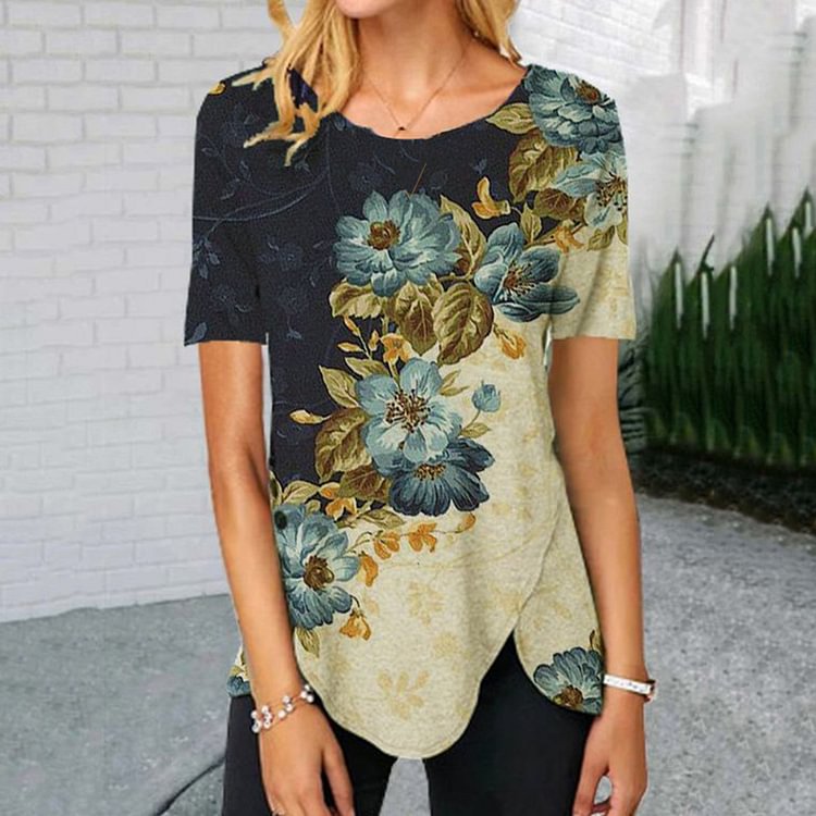 Artwishers Casual Floral Print Vintage Short Sleeve T-Shirt