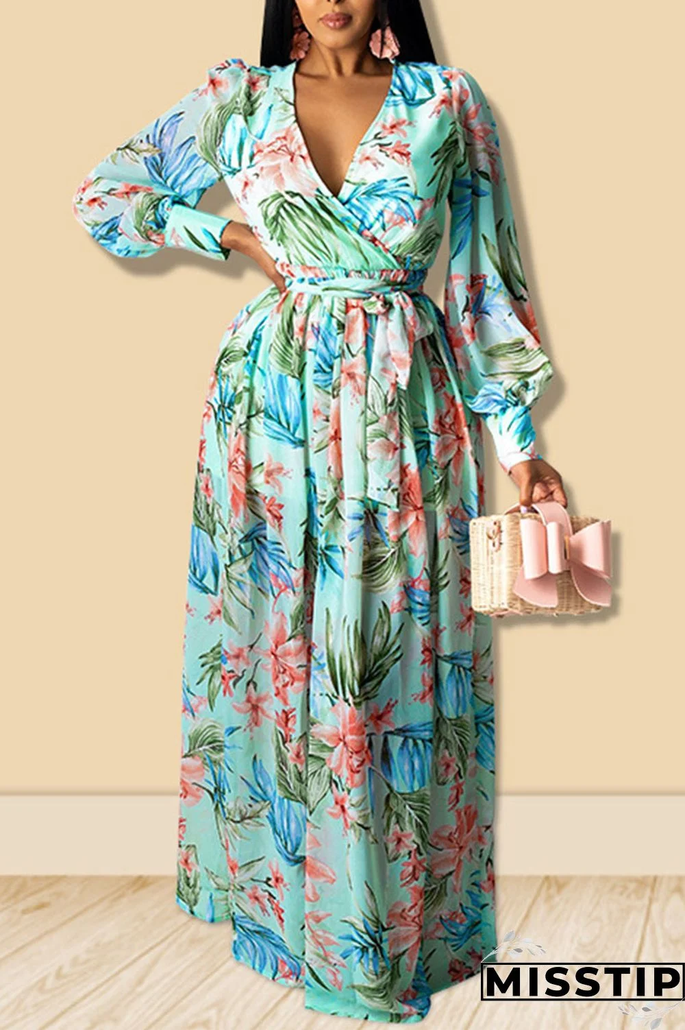 Sky Blue Sweet Print Patchwork V Neck Straight Dresses
