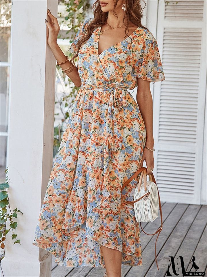 MidiSono - Sexy V-Neck Floral Printed Irregular Hem Dresses