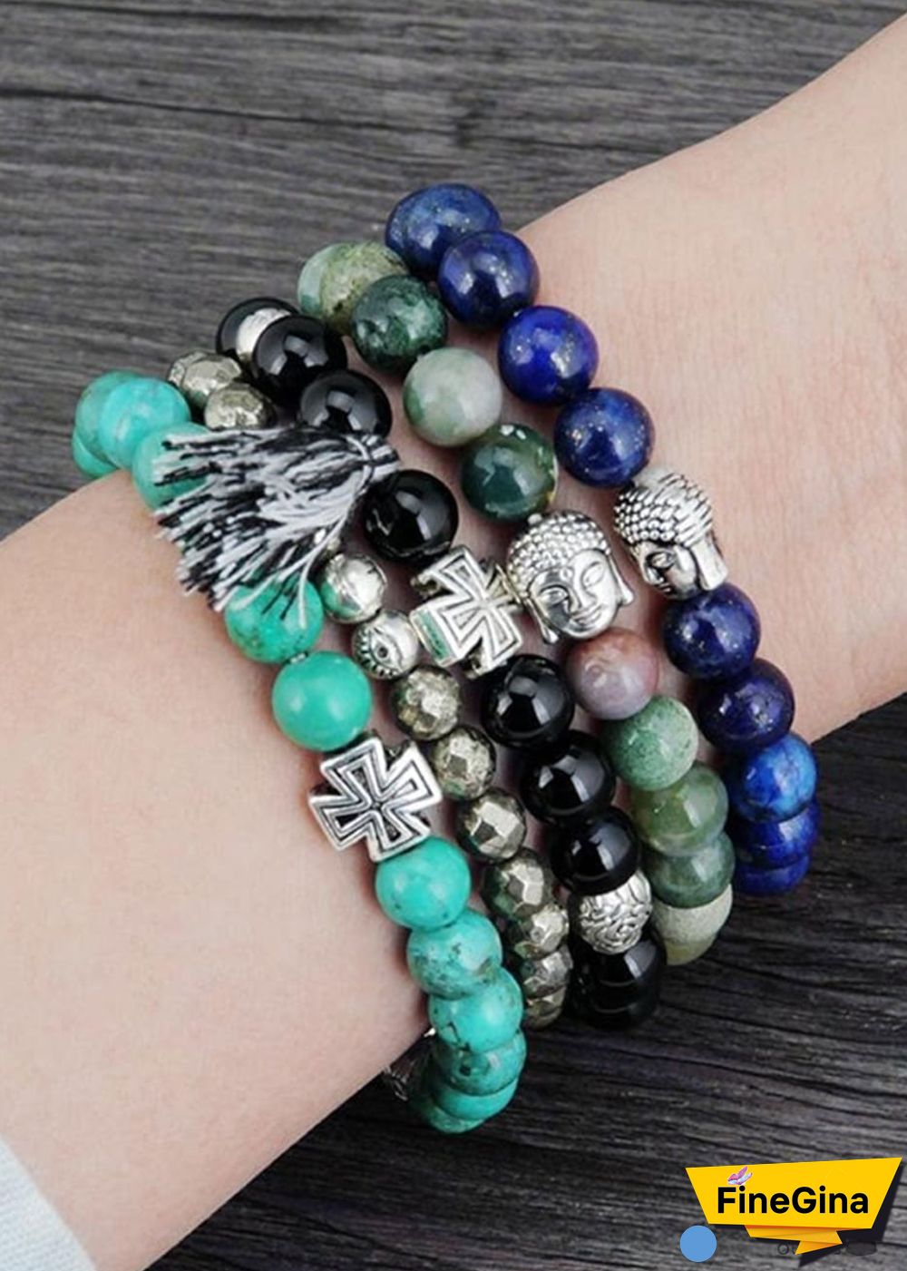 Boho Bracelet, Stretchy Bracelet, 8MM Blue Lapis Luzuli Antique Buddha