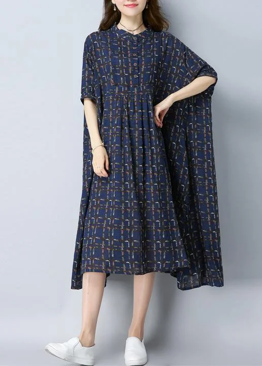 Women O-Neck Button Spring dresses Work Outfits Blue Print Dress