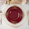 10 Pack | 8" Round Plastic Dessert Salad Plates In Vintage Burgundy, Gold Leaf Embossed Baroque Disposable Plates