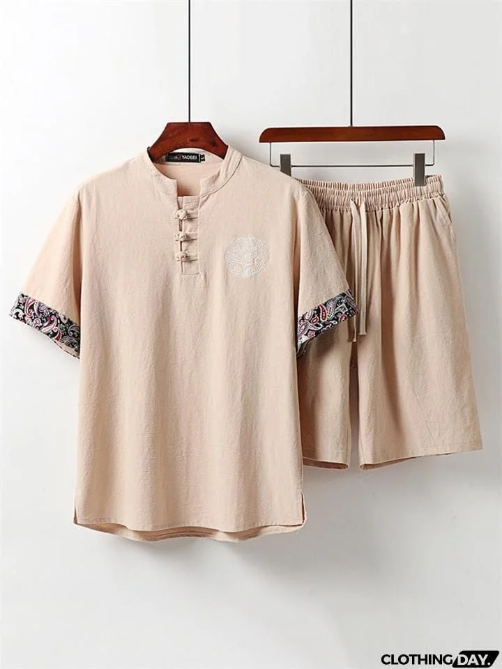 Mens Vintage Loose Linen Casual Short Sleeve T-Shirts+Shorts