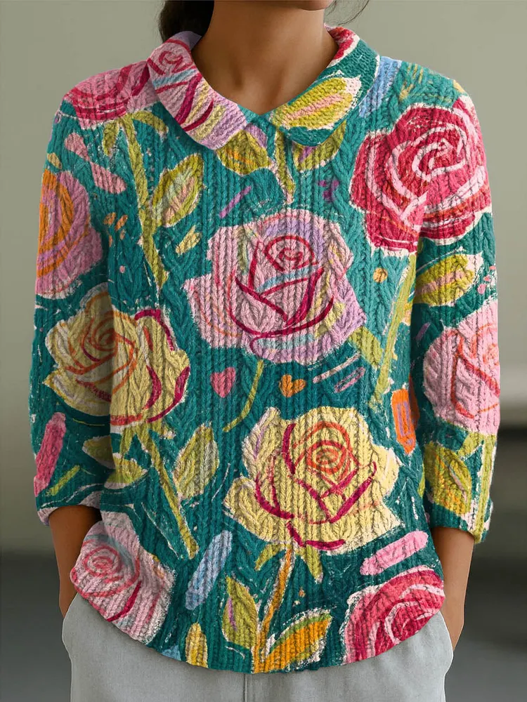 Women's Vintage Floral Art Print Casual Peter Pan Collar 3/4 Sleeve Sweater
