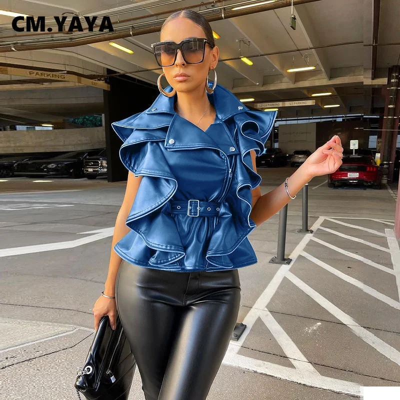 CM.YAYA Women Faux Leather Ruffles Flare Moto Biker Style PU Leather Jacket Outcoat