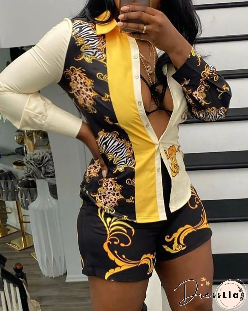 Buttoned Scarf Print Shirt & Shorts Set