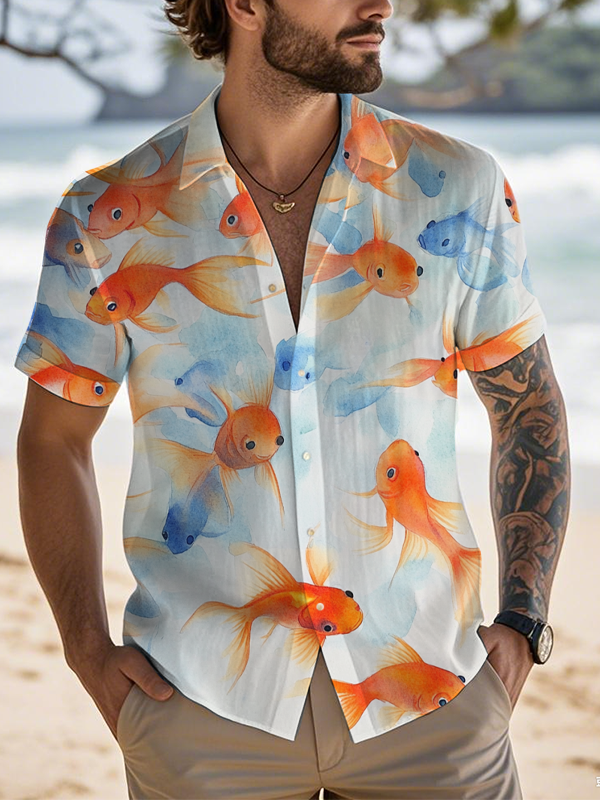 Men's A School Of Beautiful Goldfish Print Short Sleeve Shirt