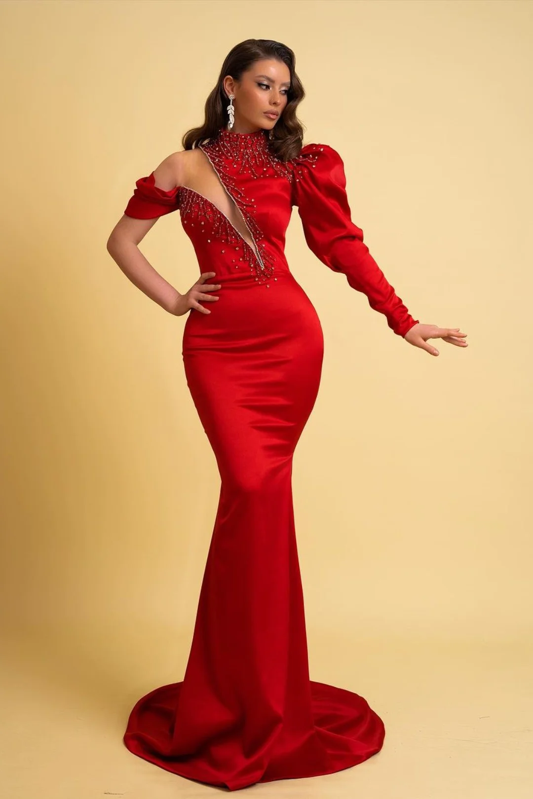 Charmeuse Prom Dress One Sleeve Red High Neck Mermaid YL0266