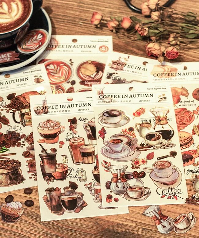 12 Sheets Autumn Coffee PET Stickers Set-Himinee.com