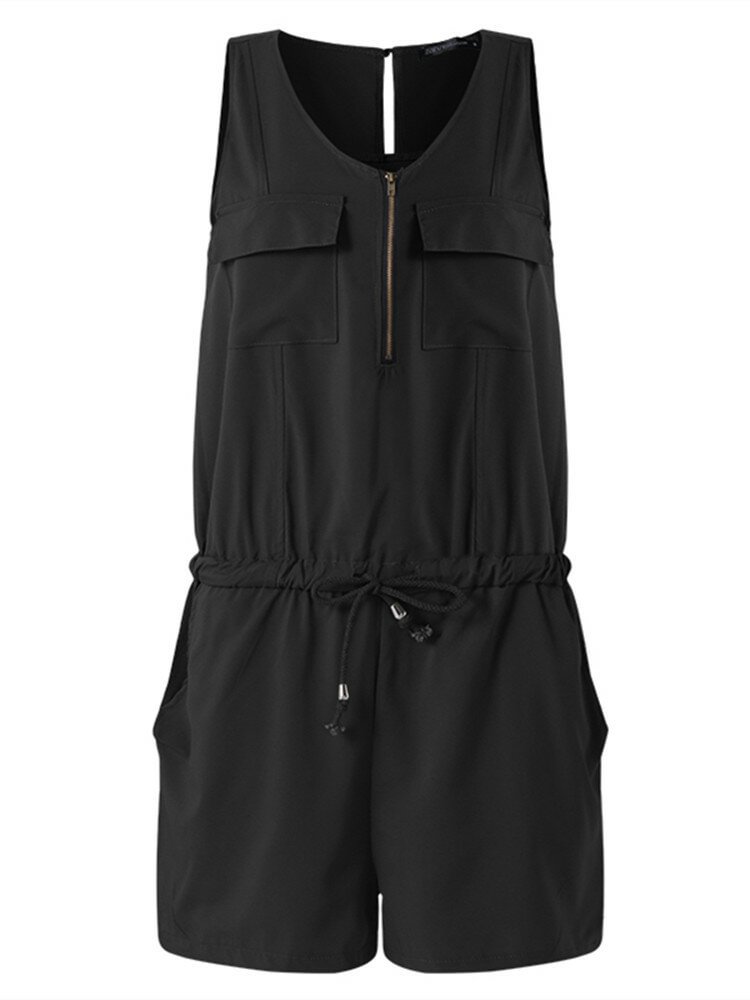 Zip Sleeveless Drawstring Sloid Jumpsuit With Pocket - Life is Beautiful for You - SheChoic