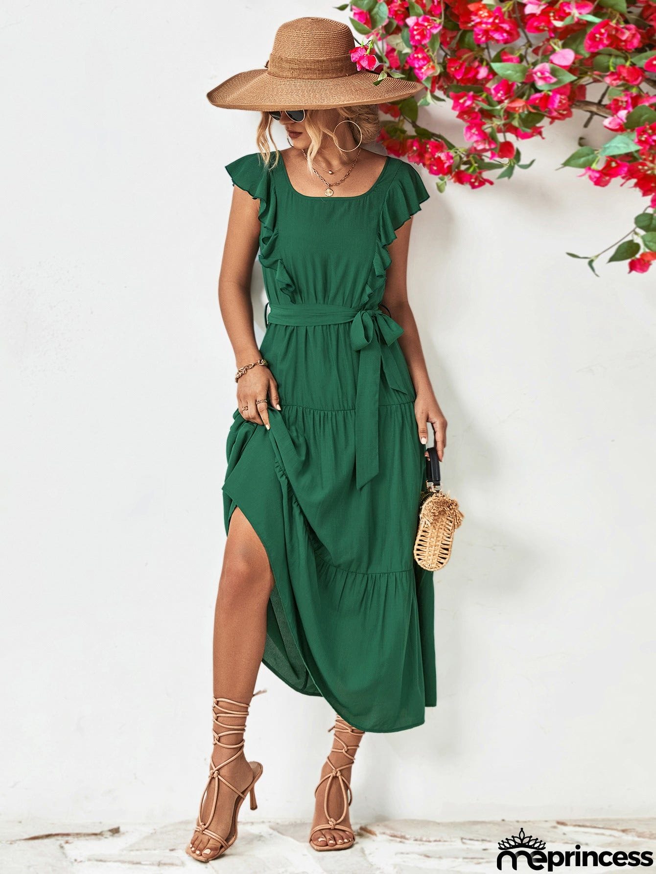 Tie Belt Ruffled Tiered Dress